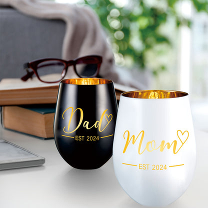 2pcs Mom & Dad EST 2024 Stemless Wine Glasses, Beer Glass Set For New Parents, Parents To Be Mom Dad, Ideal Gift For Christmas, Mother's Day, Father's Day, Daily Use