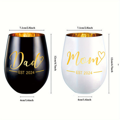 2pcs Mom & Dad EST 2024 Stemless Wine Glasses, Beer Glass Set For New Parents, Parents To Be Mom Dad, Ideal Gift For Christmas, Mother's Day, Father's Day, Daily Use