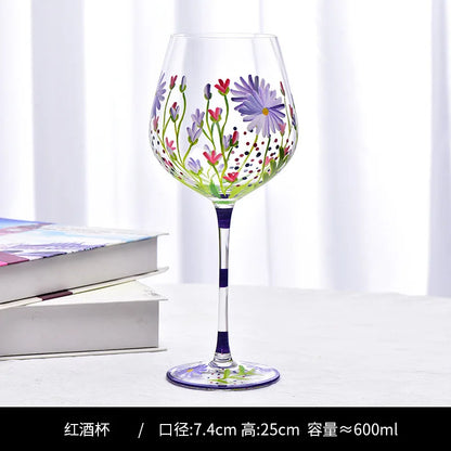 Creative Hand Painted Red Wine Glass Flower Pattern Wine Cup Cocktail Champagne Flutes Crystal Goblet Home Bar Wedding Drinkware