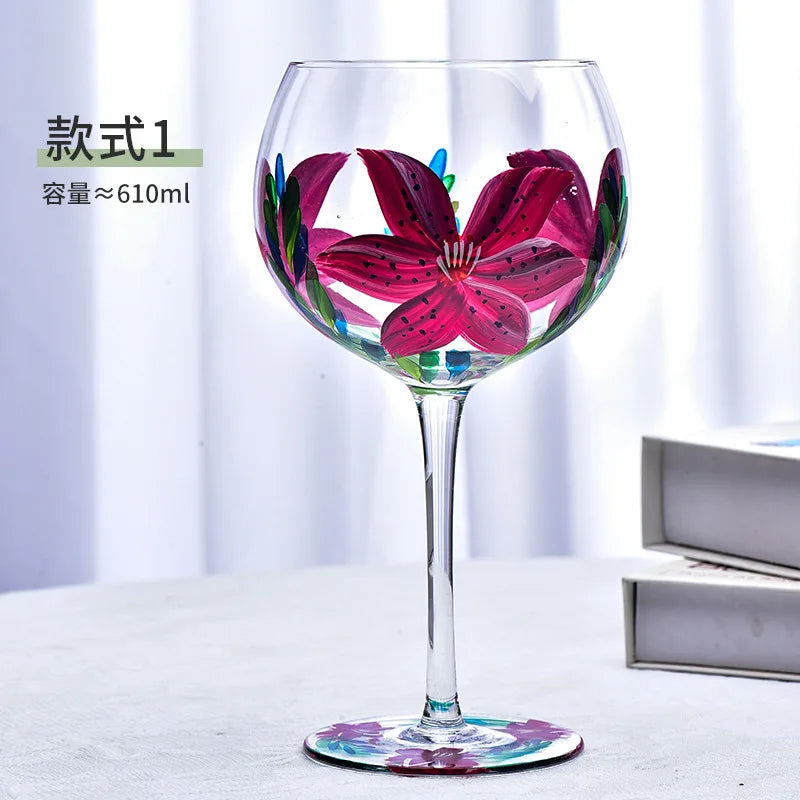 610ml Nordic Colored Wine Glasses Creative Hand-Painted Flowers Pattern Red Wine Cup Wedding Goblet Crystal Champagne Drinkware