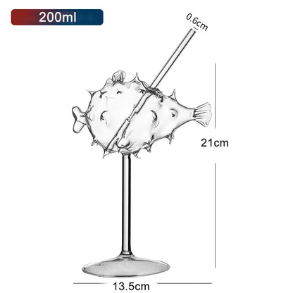 Creative Pufferfish Octopus Swan Bird Cocktail Glass Transparent Goblet Glass with Straw Wine Juice Cup for Party Bar Nightclub