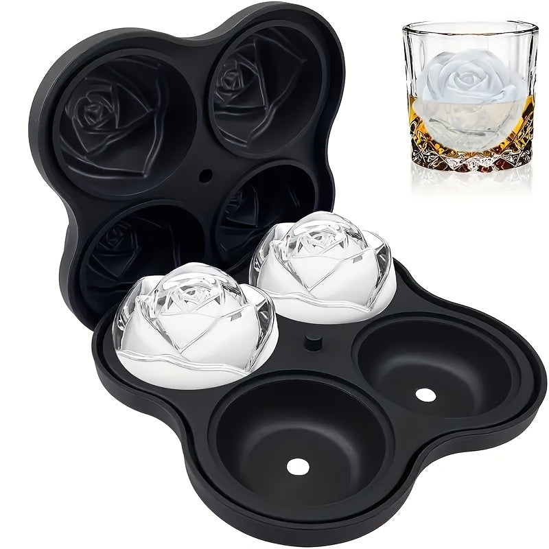 3D Rose Ice Mold, Rose Ice Maker, Large Ice Tray, Make Four Cute Flower-shaped Ice, Easy To Release Large Ice Cube Form Silicone Fun Large Ice Ball Machine Suitable For Cocktails, Juice, Whiskey, Dishwasher Safe, BPA Free Kitchen Gadgets